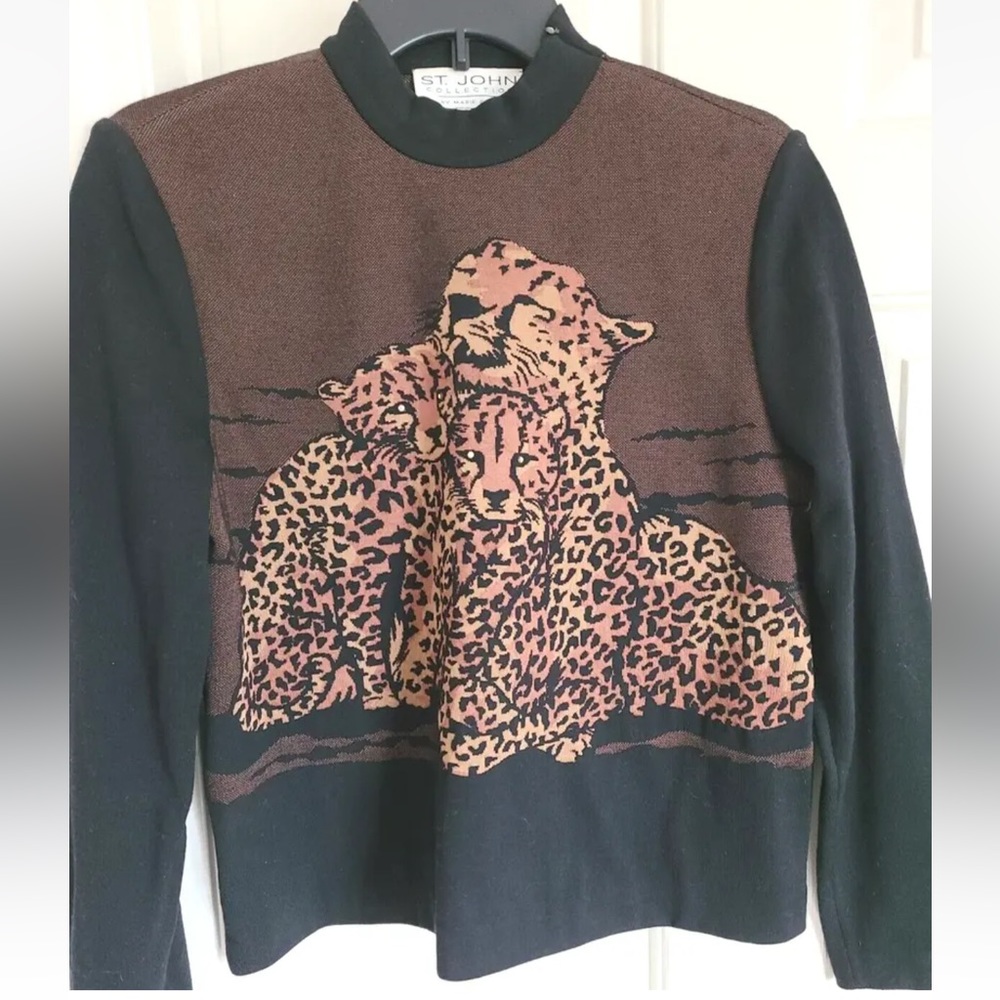 ST. JOHN COLLECTION BY MARIE GRAY SIZE S COUGAR & CUBS SWEATER TOP BRN & BLK EUC